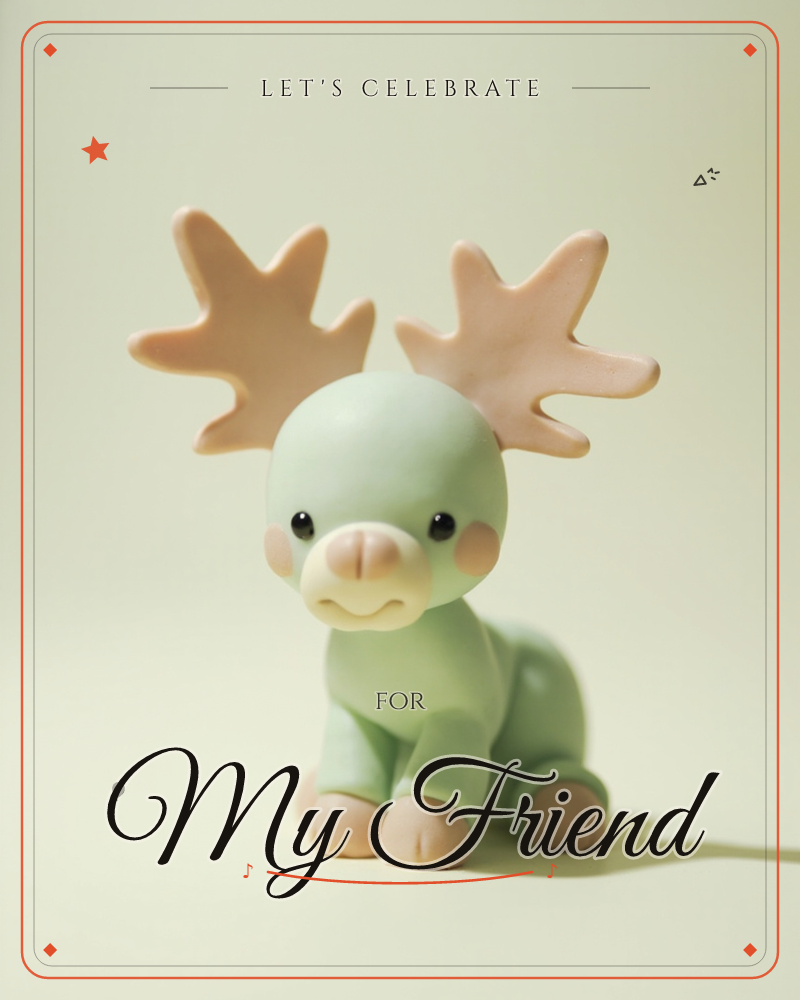 A small clay-like figurine of a mint-green baby moose sits against a soft cream backdrop, its oversized tan antlers curling upward like little branches, a party e-card design