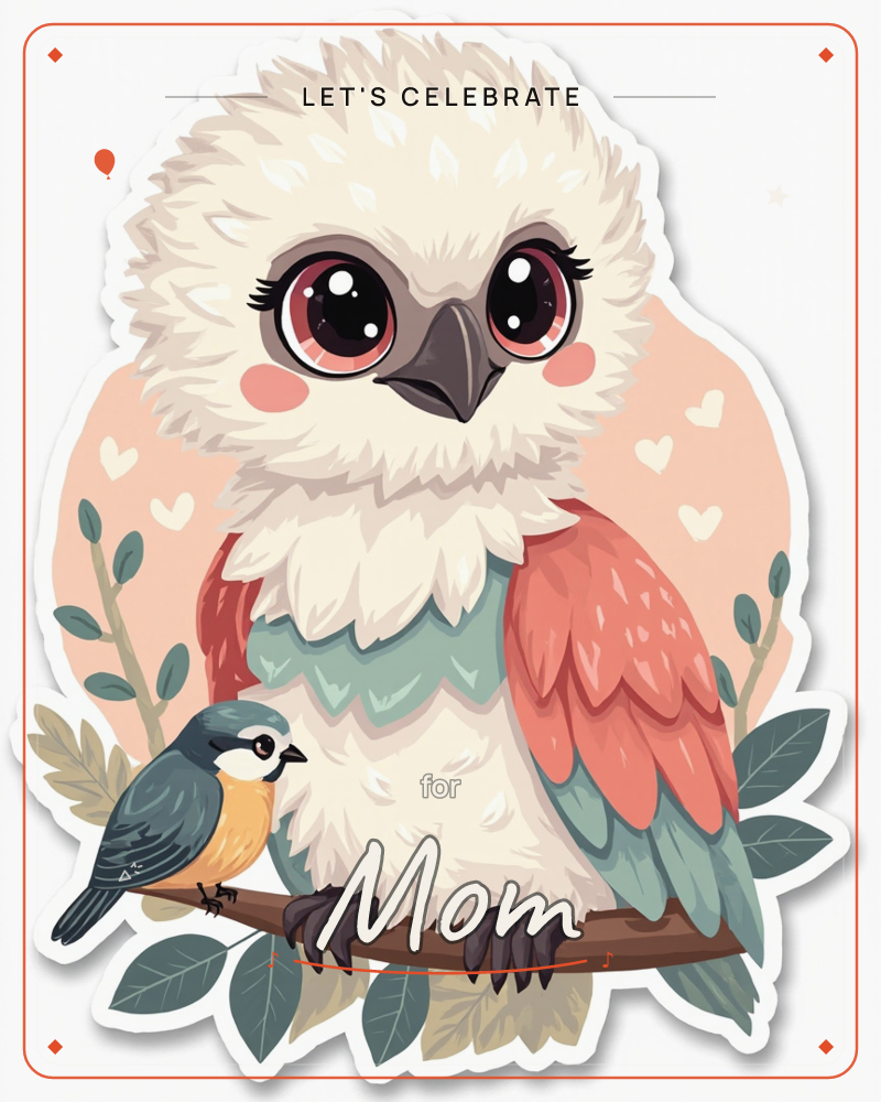 A wide-eyed baby owl with cream feathers, coral wings and a mint-green chest perches on a branch beside a small chickadee, set against a soft peach…, a party e-card design