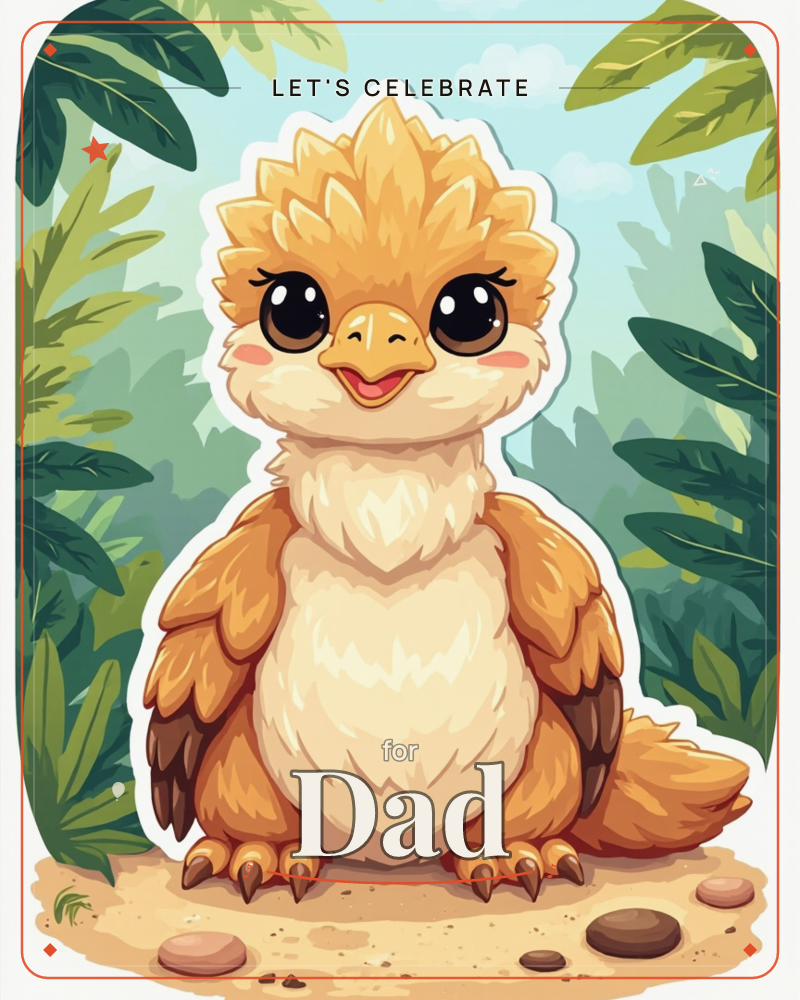 A round-eyed baby bird with golden, spiky head feathers and a cream fluffy chest sits smiling on a sandy patch scattered with small pebbles, a party e-card design