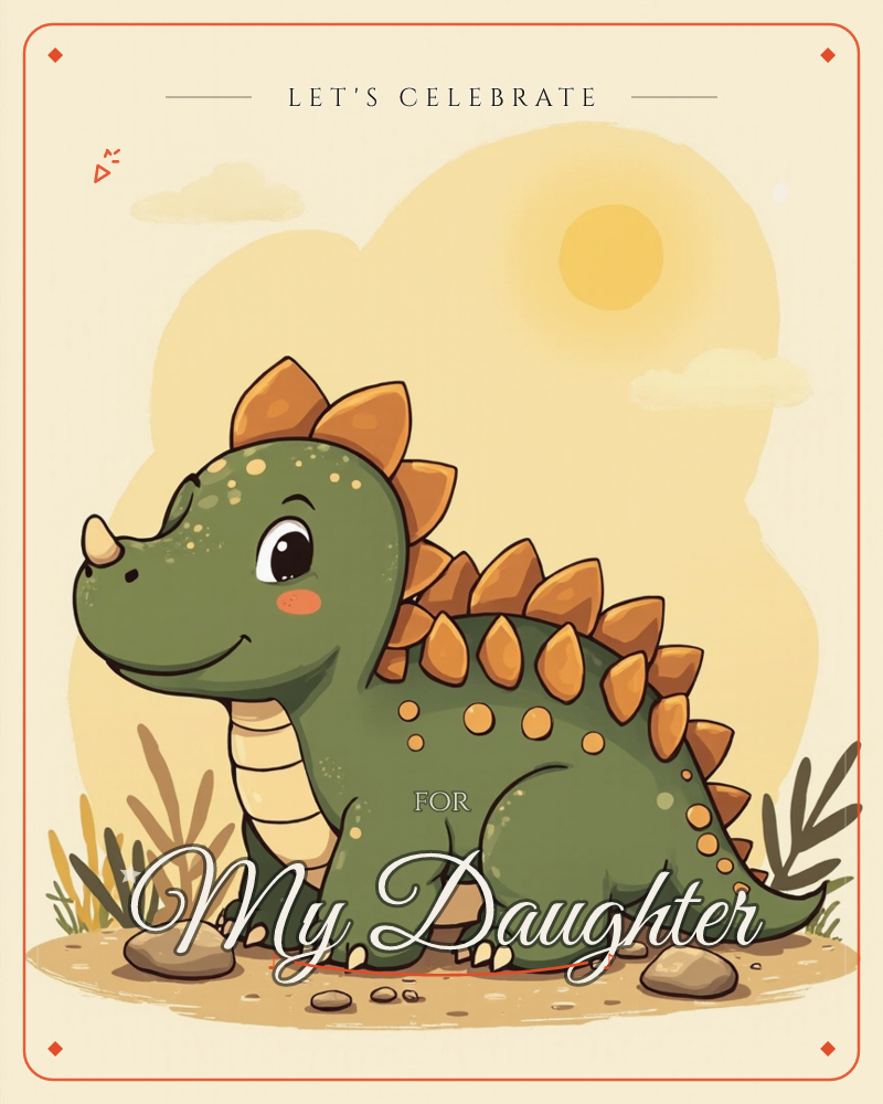 A cheerful cartoon stegosaurus with rounded orange plates and a rosy-cheeked smile stands on sandy ground under a warm yellow sky and sun, a party e-card design