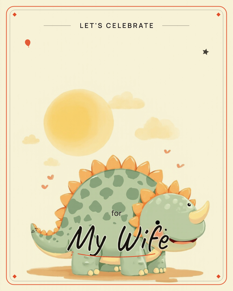 A round-bellied cartoon dinosaur with a spiky orange-tipped back and a soft green horned face stands smiling under a pale yellow sun, a party e-card design