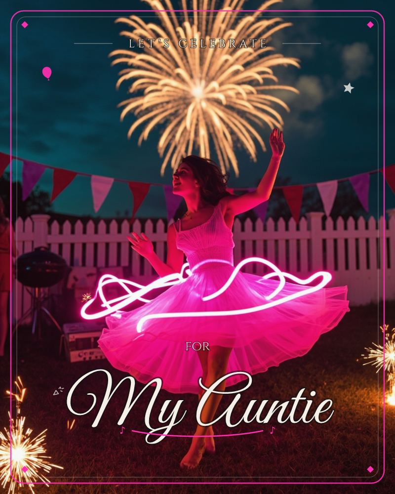 A woman spins barefoot on grass in a backyard at night, her full tulle dress lit hot pink from within, arms raised as if catching sparks, a party e-card design