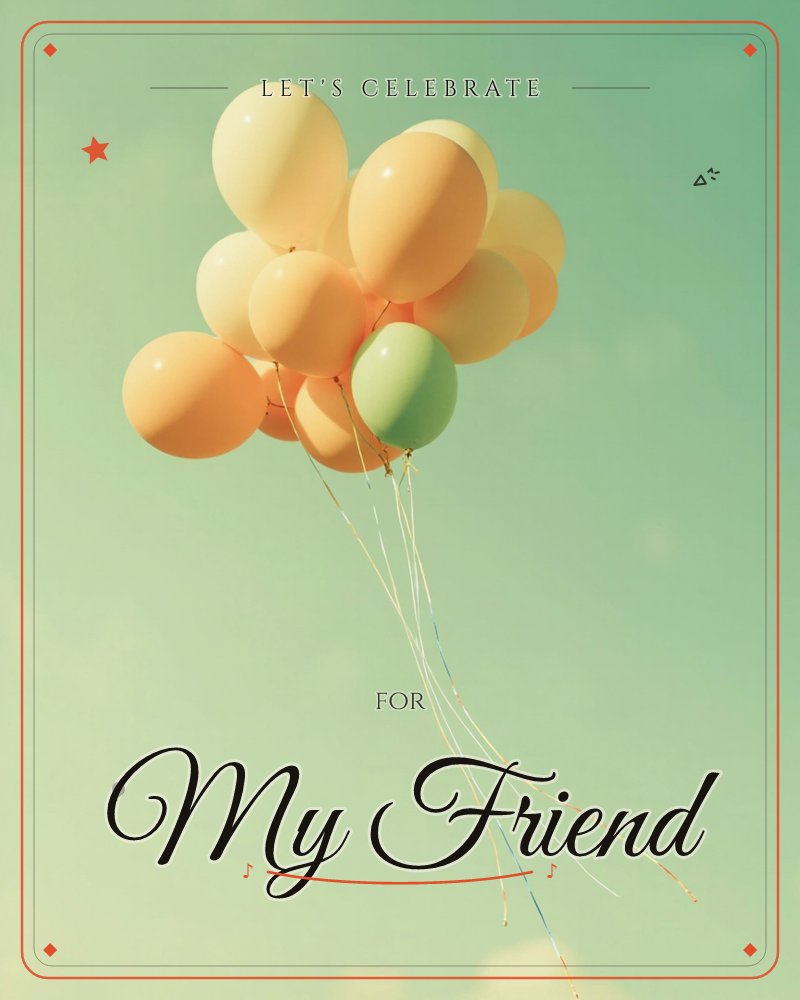A cluster of peach, cream, and one mint-green balloon drifts against a soft, hazy sky, their strings trailing loosely below, a party e-card design