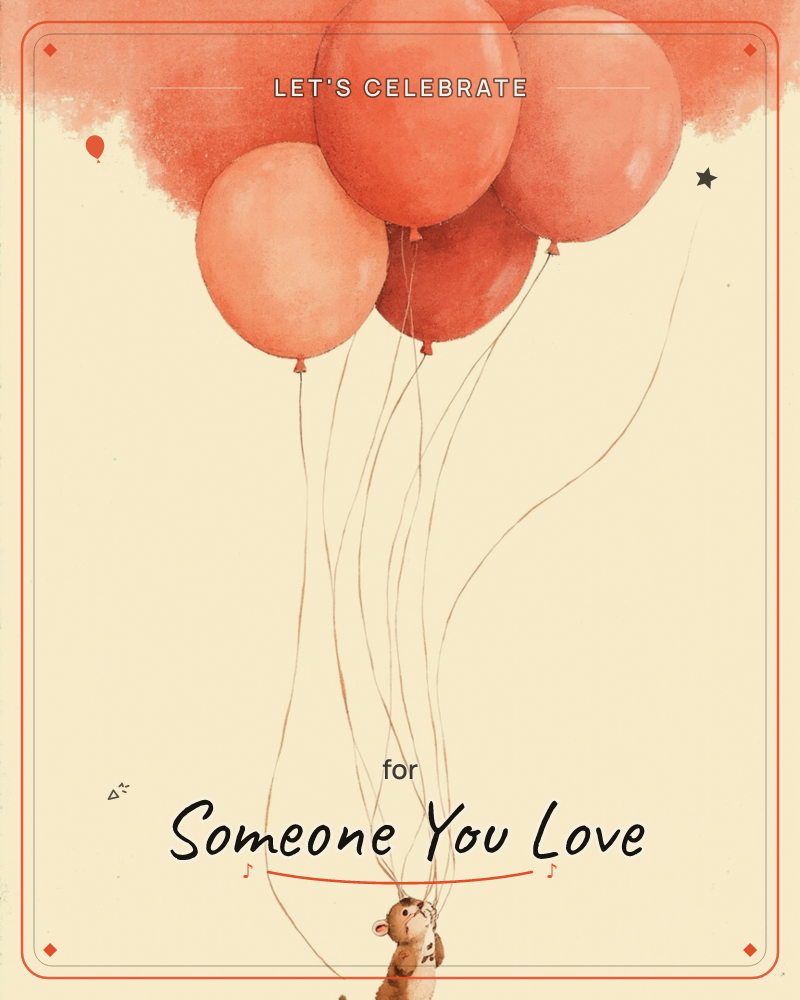A small watercolour mouse clutches a cluster of long-stringed balloons, feet just lifting off the ground against a warm cream background, a party e-card design