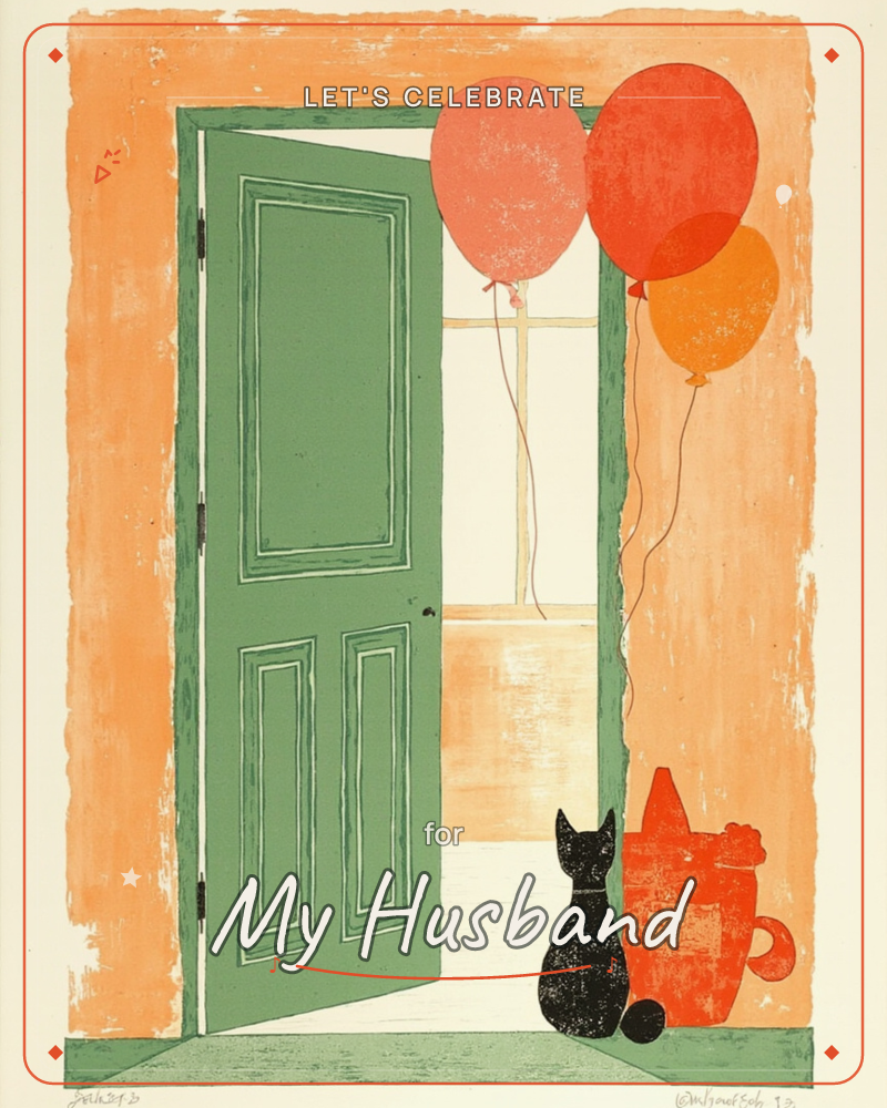A green panelled door stands open against a warm orange wall, revealing a pale window beyond, a party e-card design