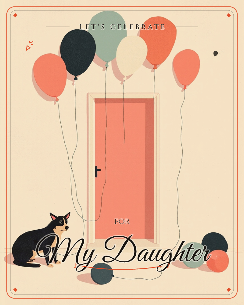 A flat-eared black and tan dog sits patiently before a coral-pink door, its strings looped loosely around a cluster of balloons drifting above in sage…, a party e-card design