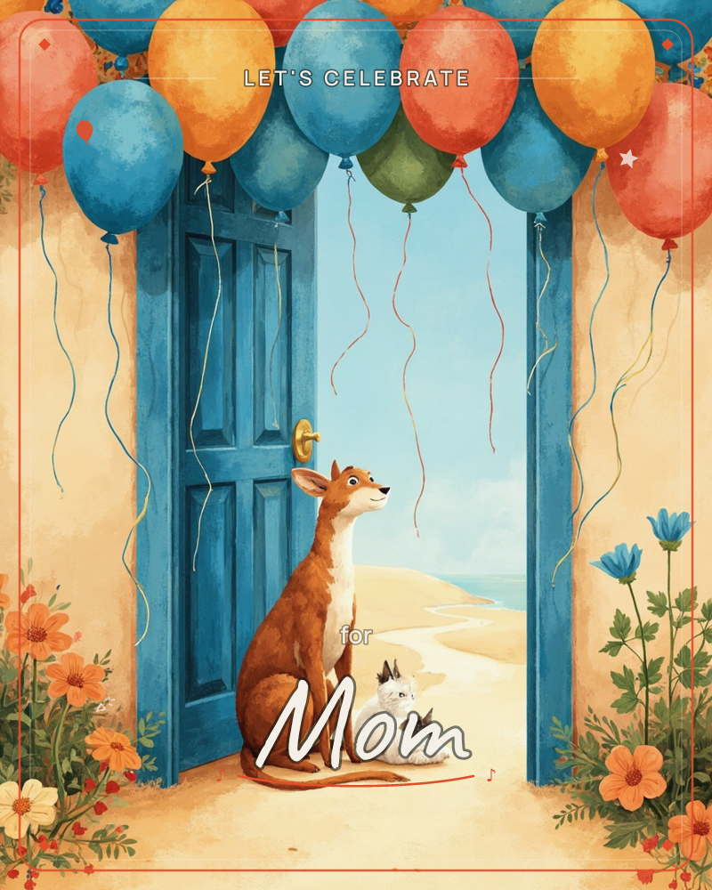 An open blue door frames a sandy beach path leading to the sea, with a fox and a small rabbit sitting together on the threshold looking out, a party e-card design