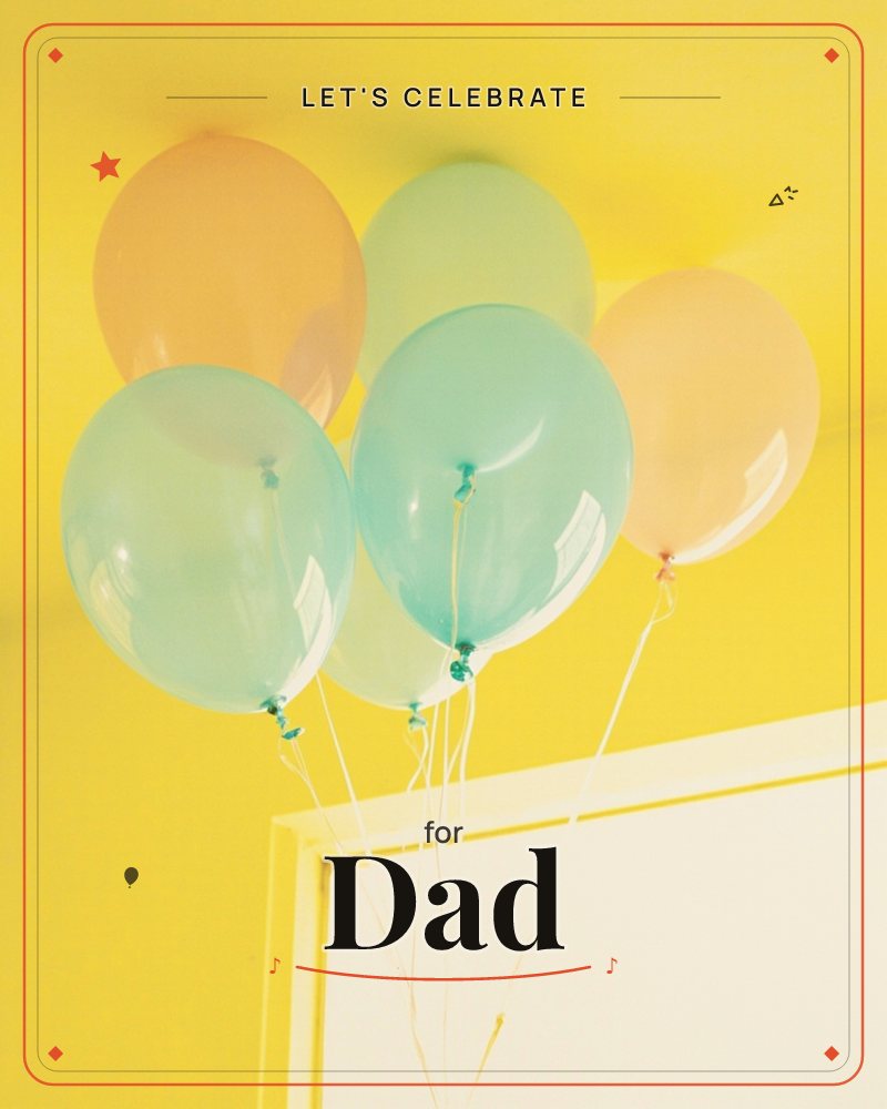A cluster of five balloons drifts up against a bright yellow ceiling, their strings dangling toward the corner of a pale picture frame below, a party e-card design