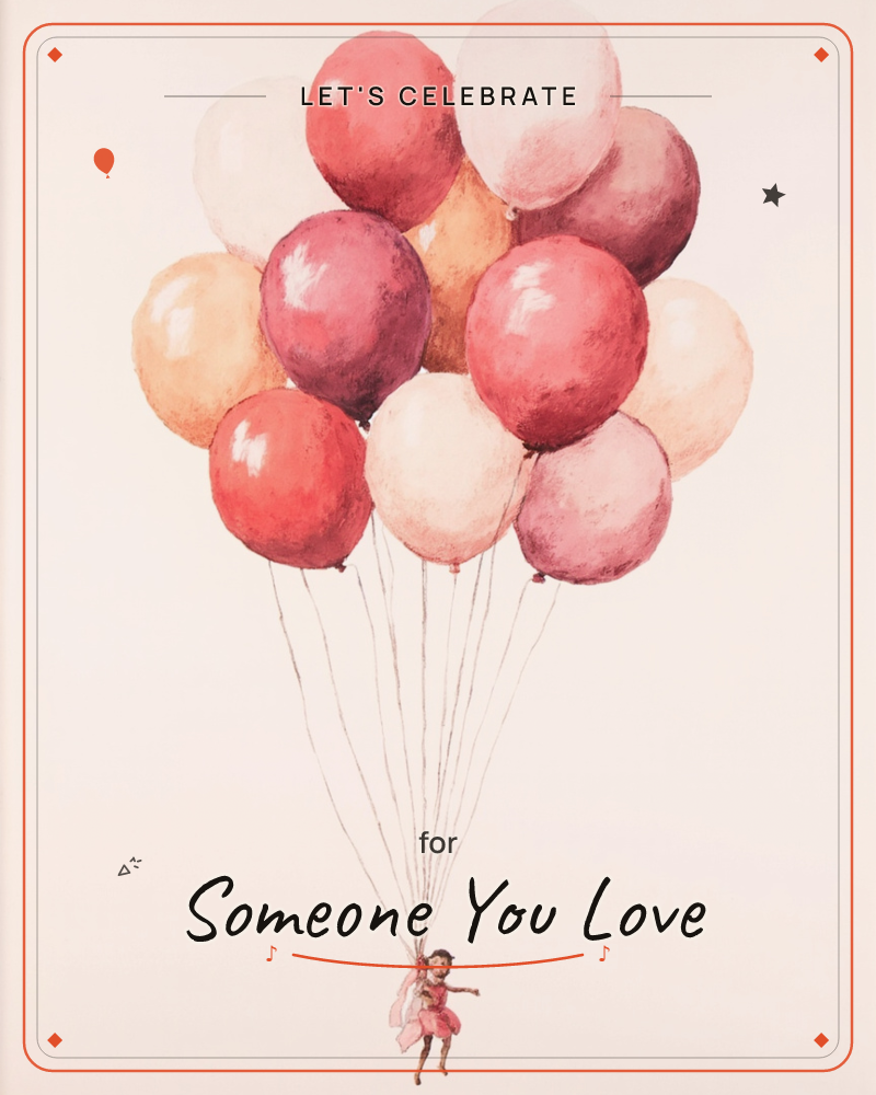 A large cluster of balloons in shades of red, pink, and peach drifts upward against a plain blush background, their strings gathered together, a party e-card design