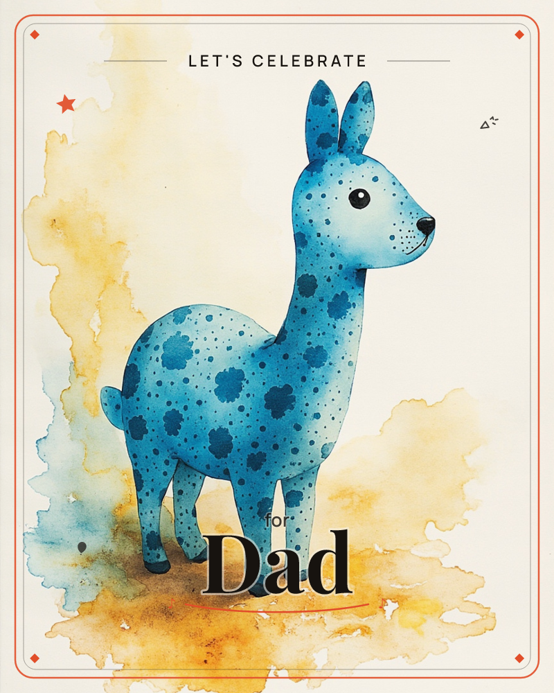 A whimsical watercolour llama stands in profile against a soft cream background, its pale blue coat covered in darker teal spots and cloud-like patches, a party e-card design