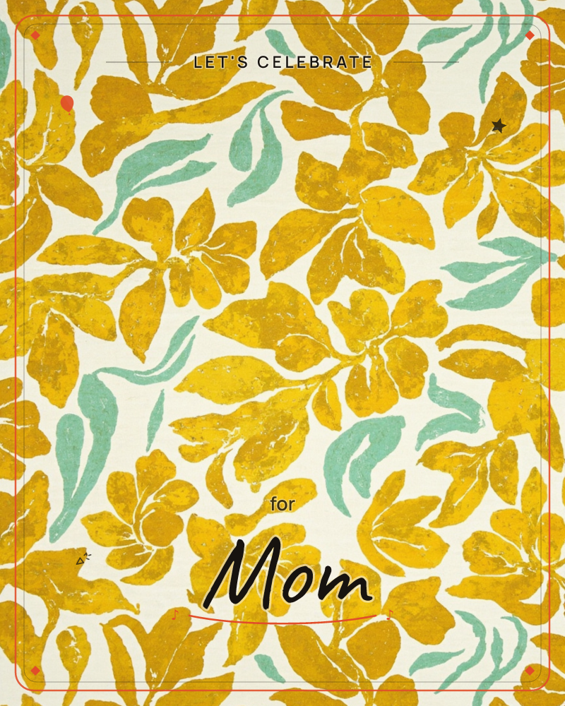 A dense repeating pattern of golden-yellow blossoms and leaves with soft mint-green accents spreads across a cream background, the whole design…, a party e-card design