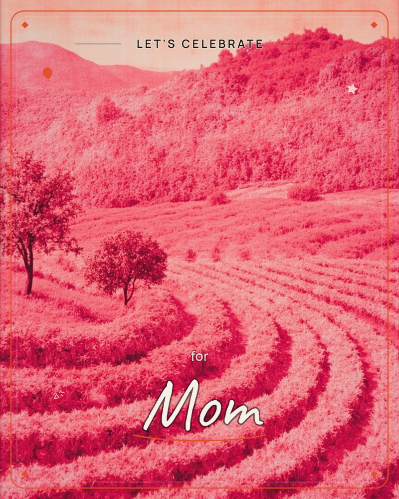 A rolling countryside landscape is drenched entirely in shades of magenta and pink, as if seen through a rose-tinted lens, a party e-card design