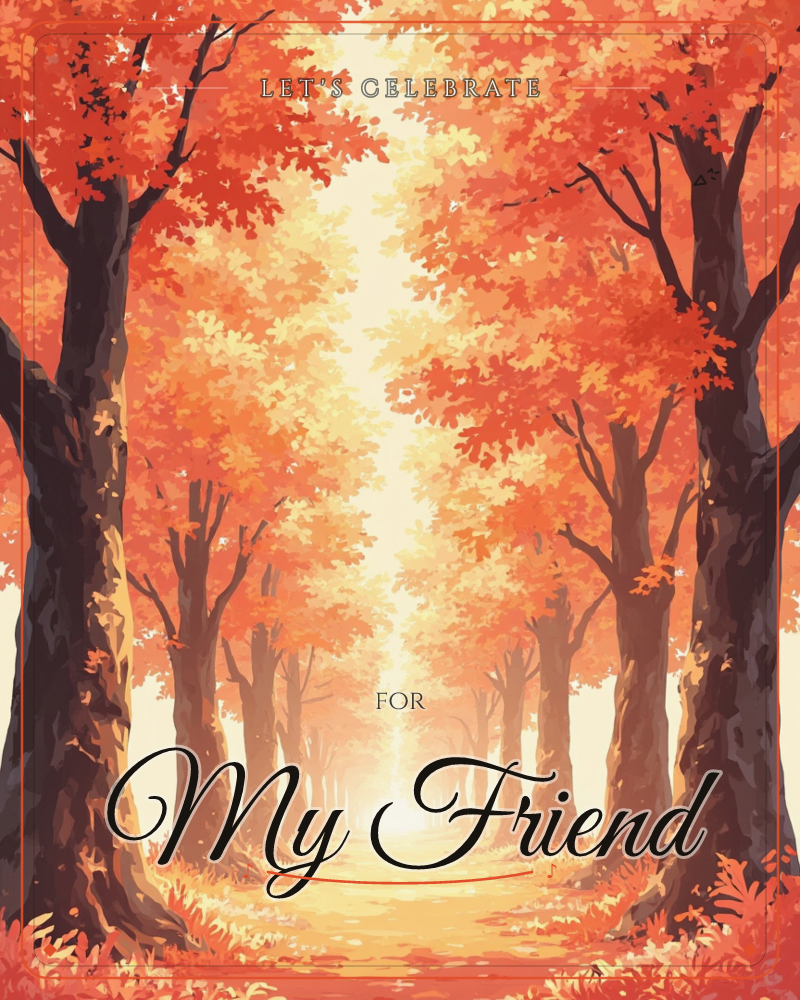 A tree-lined avenue glows with autumn foliage, dark trunks framing a path that fades into misty golden light, a party e-card design
