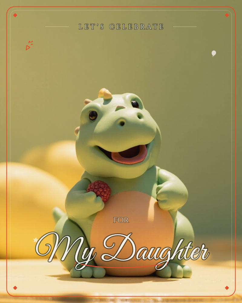 A round-bellied green dinosaur figure sits smiling against a soft yellow-green backdrop, clutching a tiny raspberry in one paw, a party e-card design