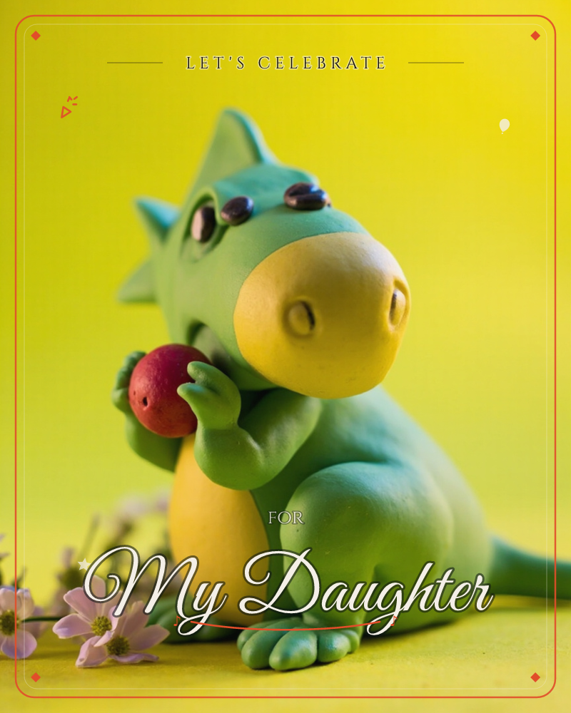A small clay dinosaur figure, green with a yellow belly and snout, sits against a bright yellow backdrop holding a tiny red apple in its paw, a party e-card design
