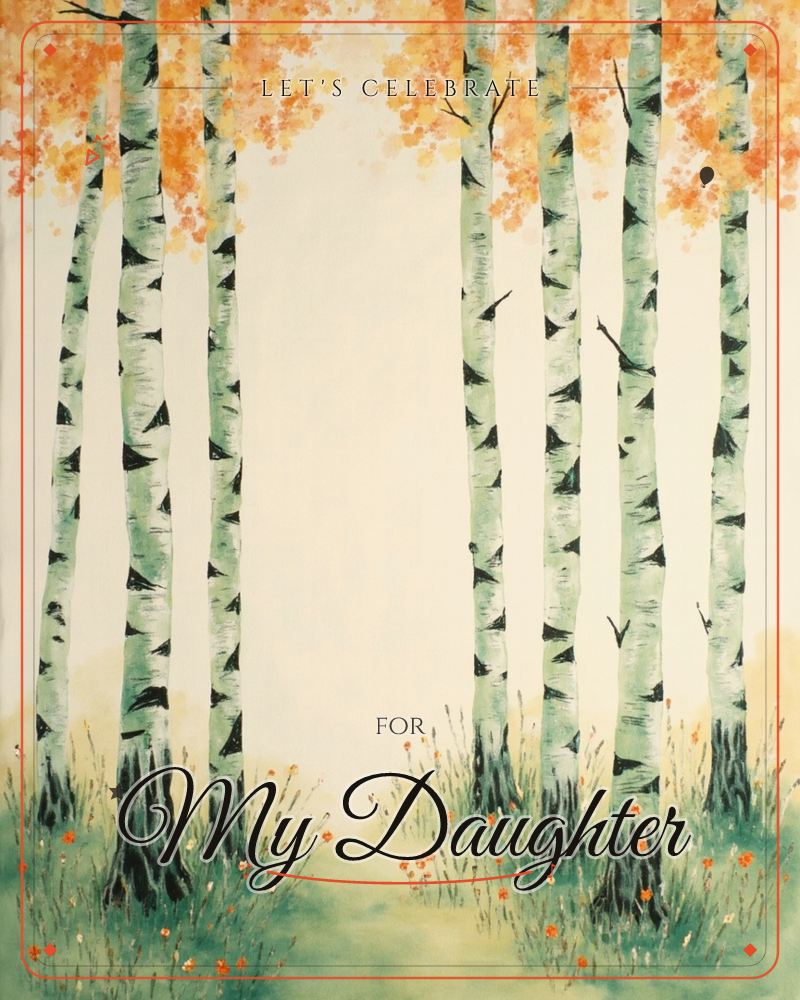 A grove of slender birch trees lines both sides of the page, their pale bark marked with dark knots, opening onto a soft cream clearing in the centre, a party e-card design