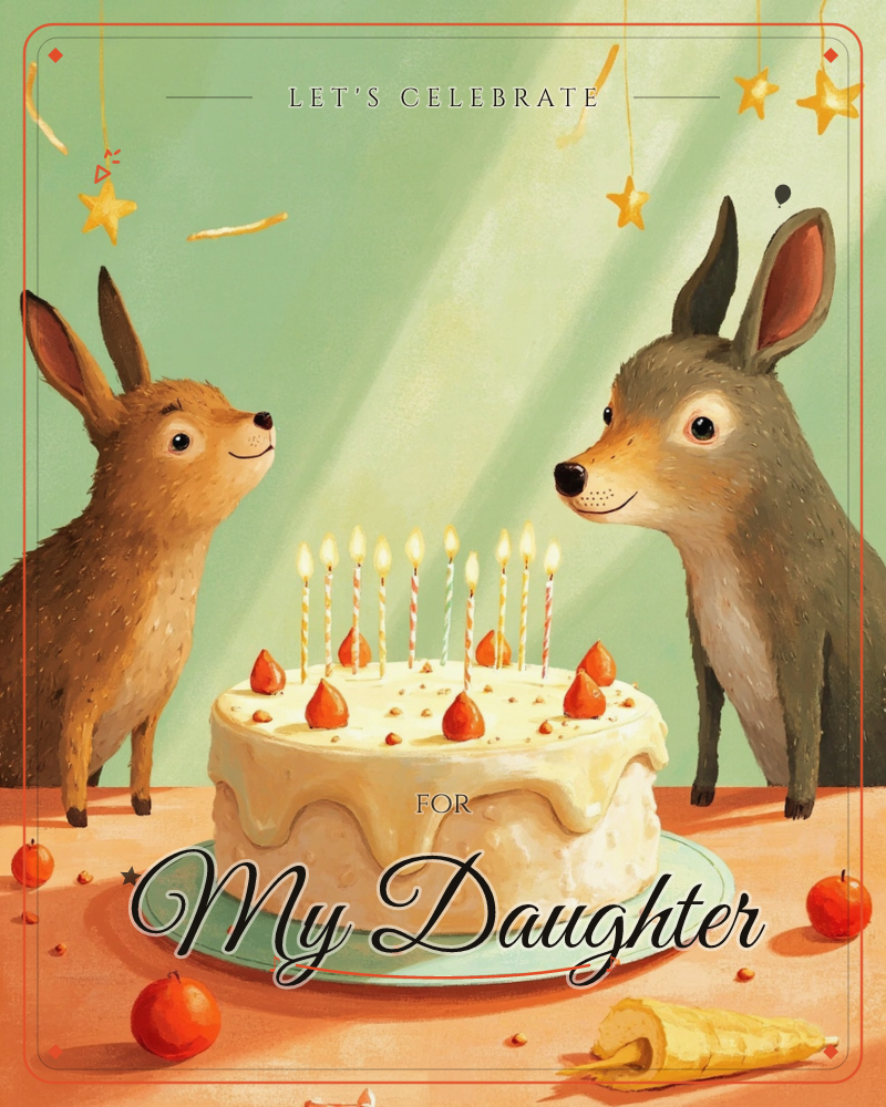 Two woodland animals, a rabbit and a small deer, lean in on either side of a candlelit birthday cake, their noses almost touching over the flames, a party e-card design