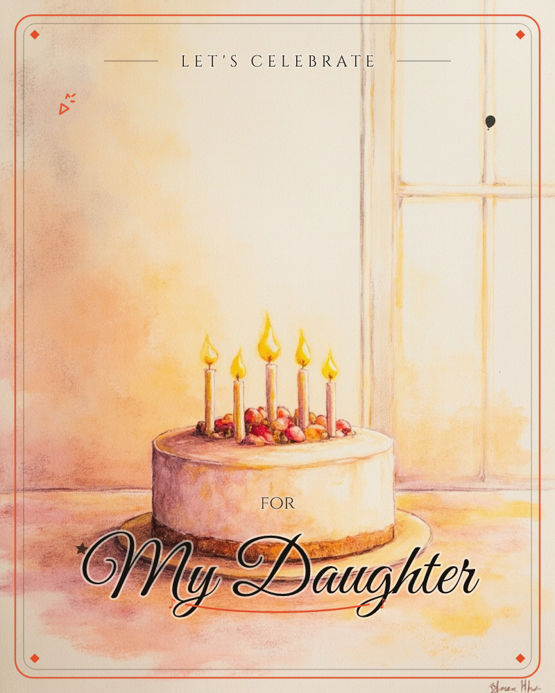 A round white-frosted cake sits on a plate near a sunlit window, topped with five lit candles and a scattering of berries, a party e-card design