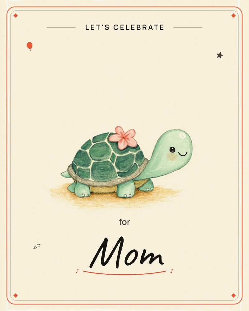 A small, smiling turtle rests on a patch of sandy ground against a plain cream background, a pink plumeria flower tucked onto the edge of its rounded…, a party e-card design