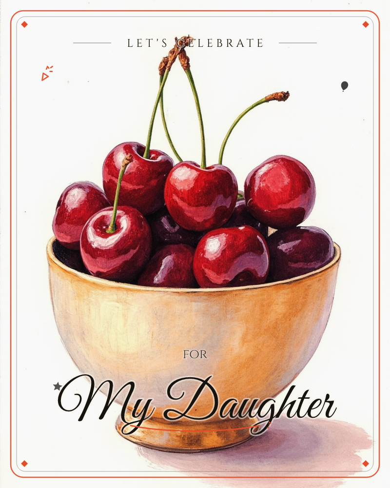 A cream-coloured bowl sits piled high with glossy dark cherries, their long curling stems reaching upward against a softly vignetted white and grey…, a party e-card design