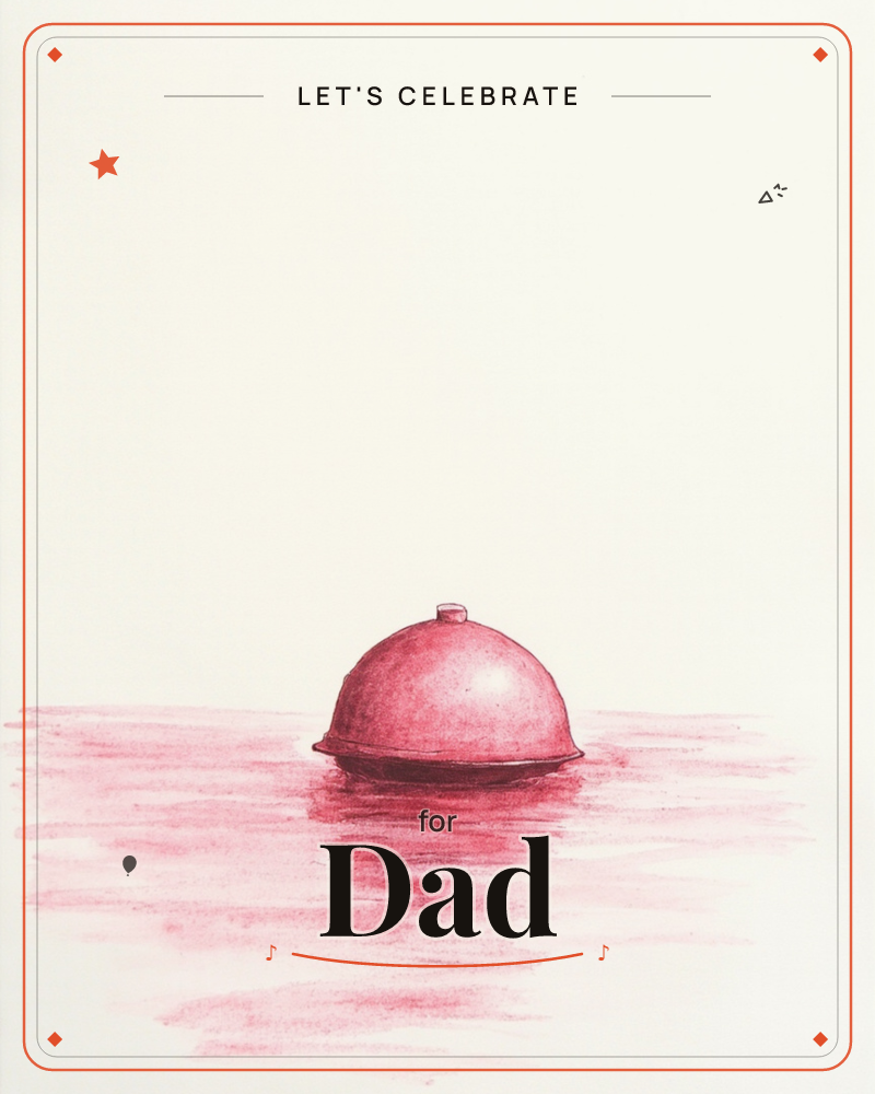 A single red service bell rests on a pale surface, its curved dome catching a soft highlight while a pool of crimson shading spreads beneath it like a…, a party e-card design