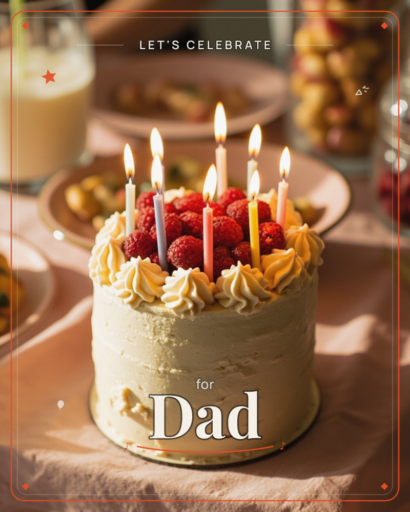 A frosted birthday cake sits on a blush tablecloth, its top piled with fresh raspberries and lit candles in soft pastel shades, a party e-card design