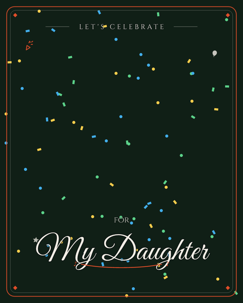 A deep forest-green background is scattered edge to edge with tiny confetti pieces, small dots and rectangles in gold, teal, and sky blue, a party e-card design by @DittyCityTeam