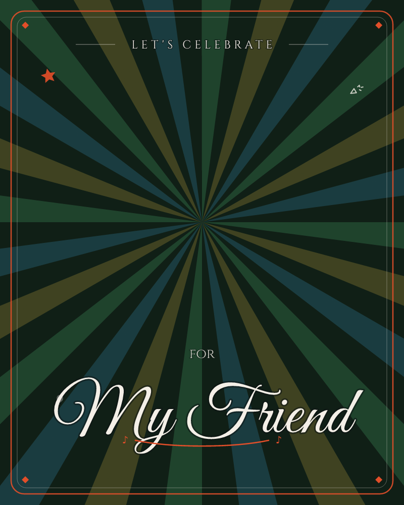 A radiating starburst of alternating stripes in deep forest green, muted gold, and dusky teal fans out from a single central point against a near-black…, a party e-card design by @DittyCityTeam