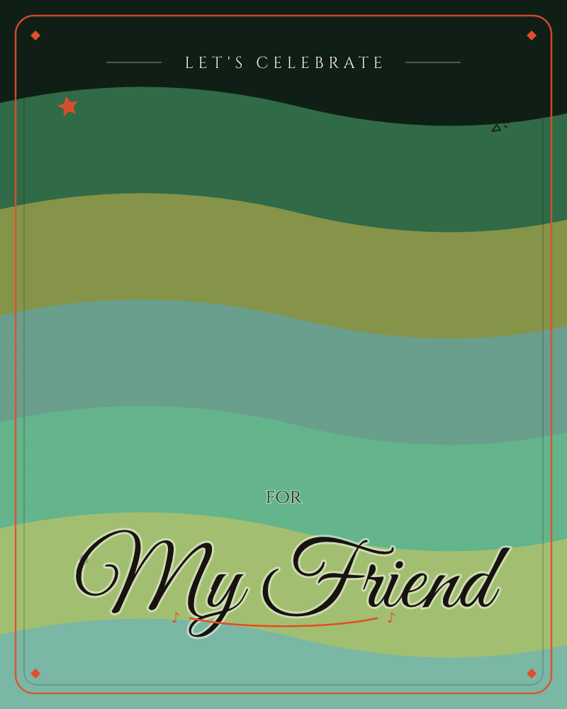 A near-black band tops a series of soft wavy stripes rolling down the card in forest green, mustard, muted teal, and mint, a party e-card design by @DittyCityTeam