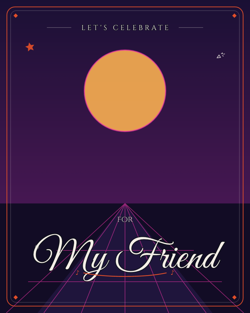 A retro synthwave landscape shows a glowing orange sun hanging low in a deep purple sky, its outline traced in hot pink, a party e-card design by @DittyCityTeam