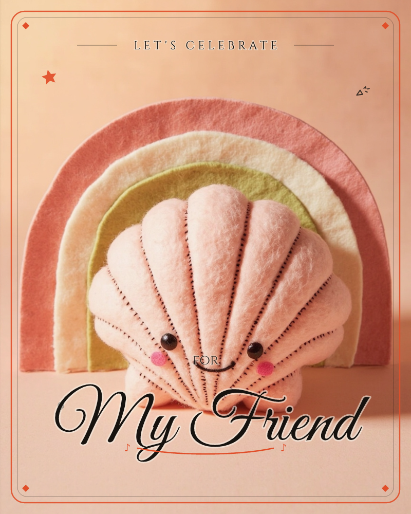 A plush pink seashell with a stitched smiling face and rosy cheeks sits in front of a felt rainbow in muted coral, cream and sage, a party e-card design