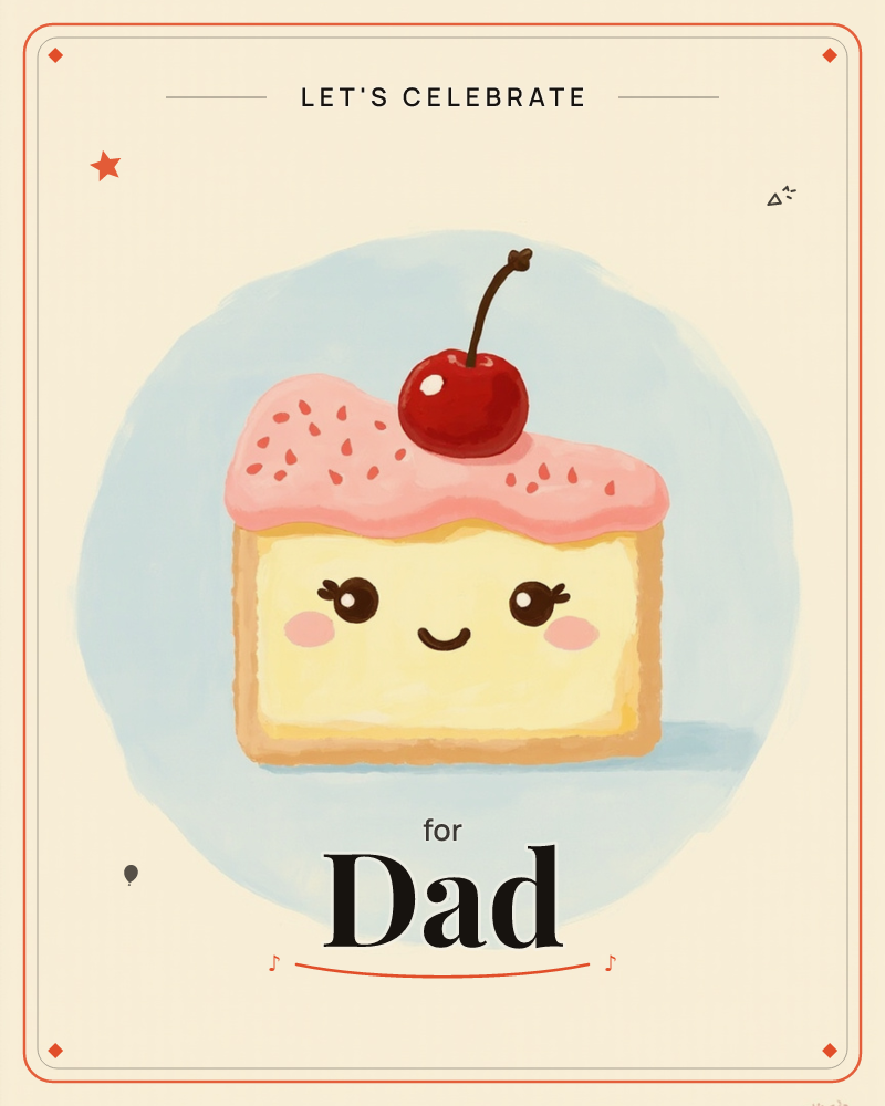 A single slice of cheesecake sits centre stage inside a soft pale-blue circle, its pink frosting topped with a glossy cherry on a curled stem, a party e-card design