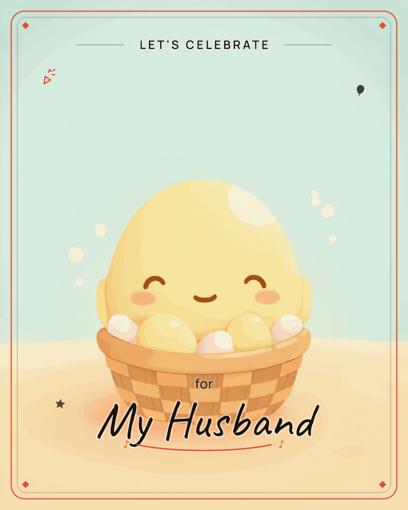A round, smiling yellow character with rosy cheeks sits nestled inside a woven wicker basket, surrounded by pale eggs, a party e-card design