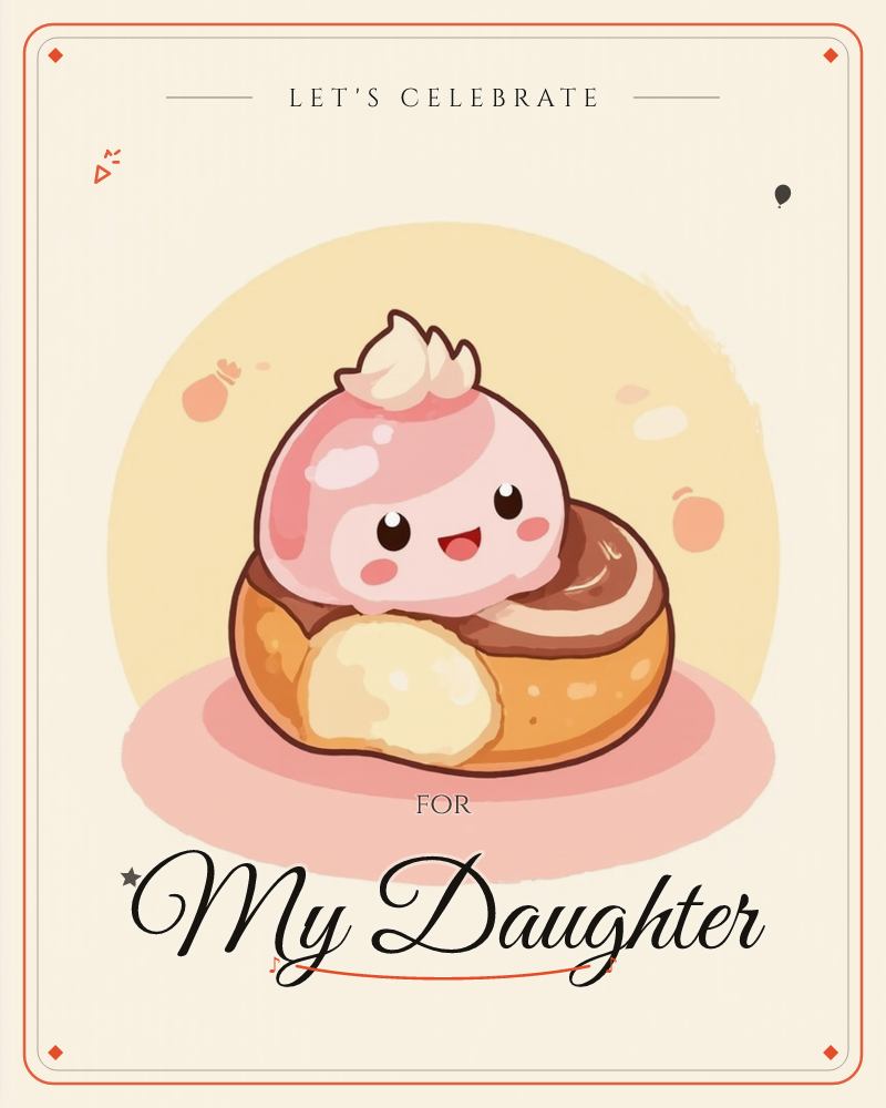 A round pastry with a strawberry-pink whipped topping smiles out from the page, its cheeks blushed pink and a swirl of cream piped on its head like a…, a party e-card design