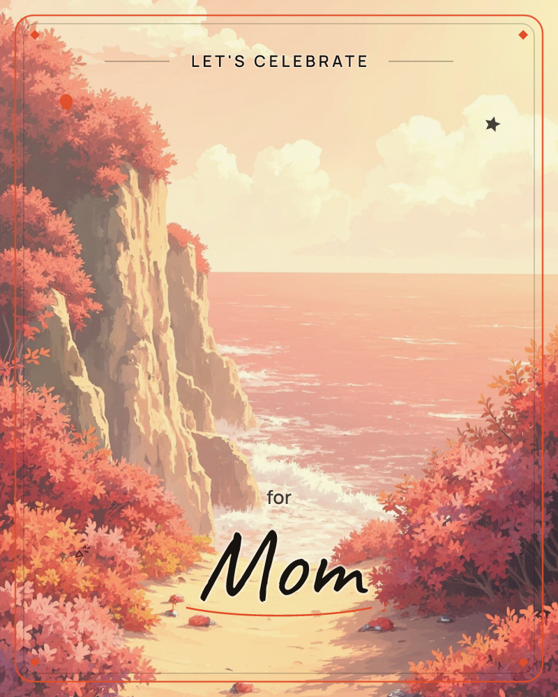 A pale stone cliff rises above the sea, its ledges thick with coral-pink blossoming trees, while waves break softly into a cove below, a party e-card design