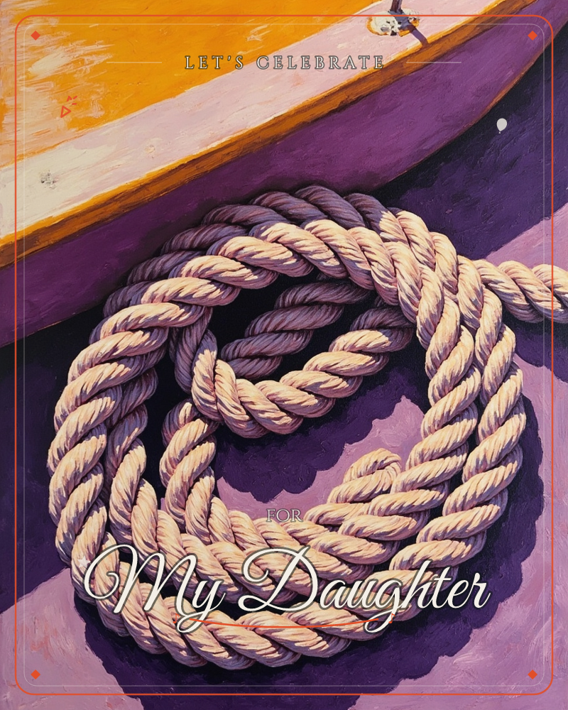 A thick coil of twisted rope lies looped on a boat deck, painted in bold purple shadow beneath a golden sunlit rail, a party e-card design