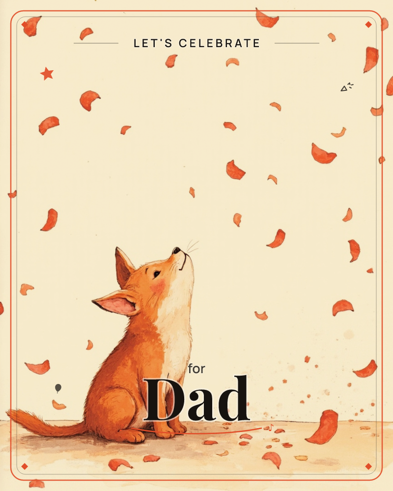 A small fox cub sits on bare ground with its face tilted up, watching a shower of orange-red petals drift down from above against a pale cream background, a party e-card design
