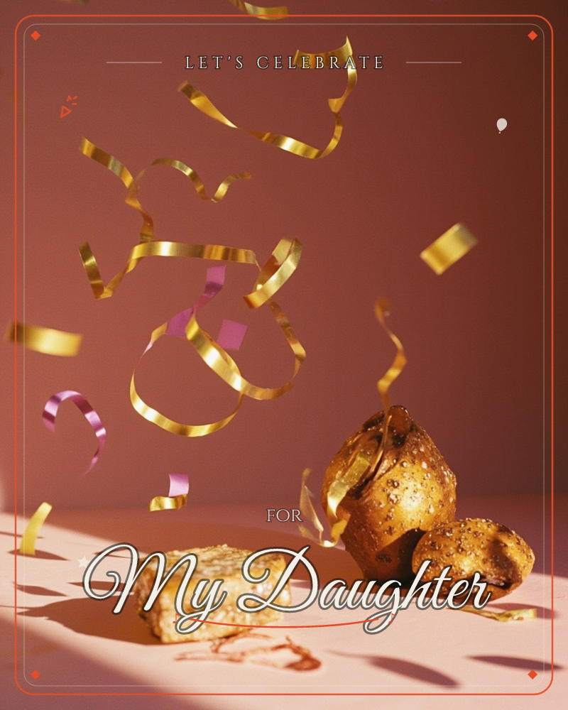 A dusty-pink backdrop is scattered with golden and pink curled ribbons falling mid-air above a small still life of glazed pastries dusted with seeds, a party e-card design