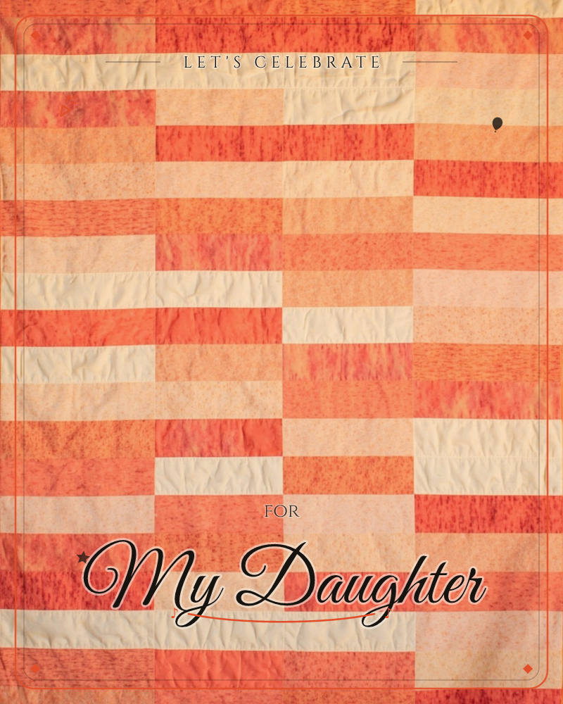 A hand-stitched patchwork quilt fills the frame, its rows of coral, rust, and cream fabric strips offset in a brick-like pattern, a party e-card design