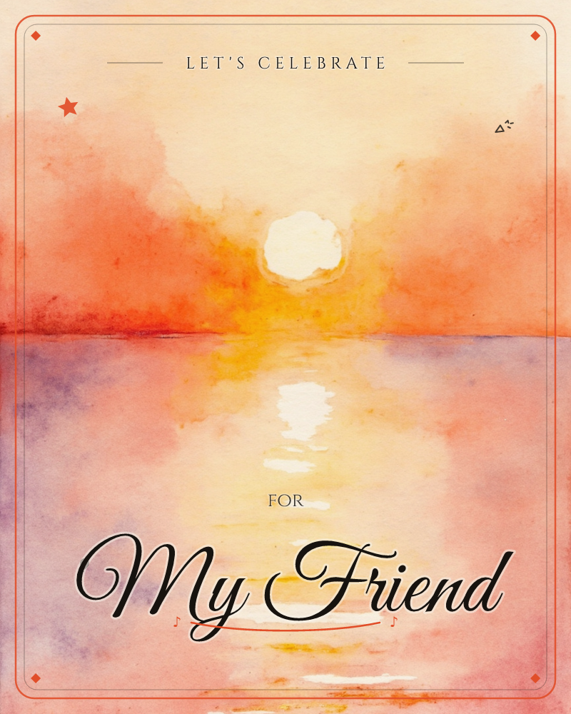 A watercolour sunset glows above a calm sea, the sun rendered as a soft white disc melting into bands of orange, coral and gold, a party e-card design