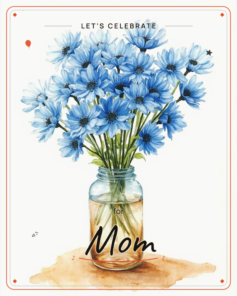 A generous bunch of blue daisies with dark centres stands in a glass mason jar filled with amber-tinted water, painted against a soft vignette that…, a party e-card design