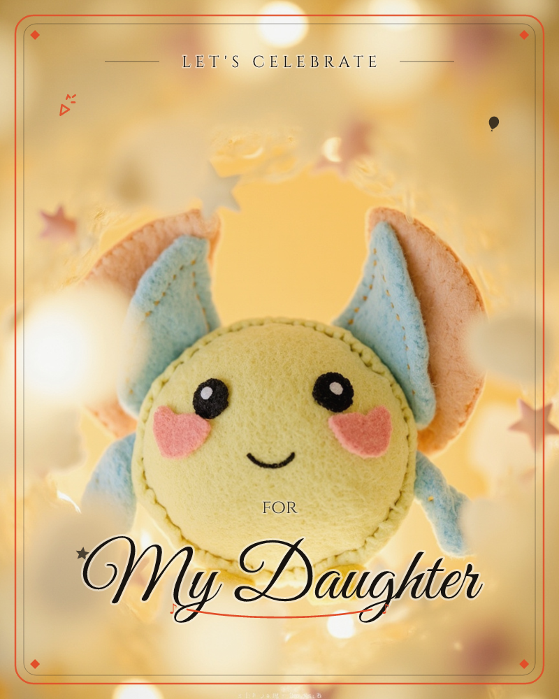 A round felt creature with big blue-and-peach ears and stitched pink cheeks smiles out from a glowing haze of golden bokeh and scattered star shapes, a party e-card design