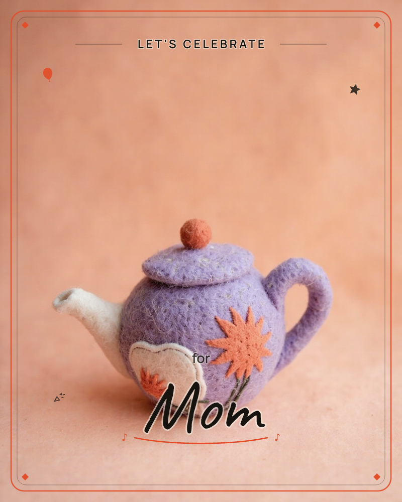 A little teapot made of felted wool sits alone against a soft peach backdrop, its lilac body stitched with an orange starburst flower and a pale leaf…, a party e-card design