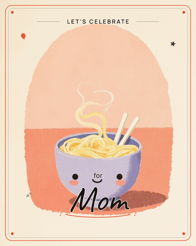 A cheerful lavender bowl with a smiling face holds a steaming tangle of noodles, chopsticks resting inside, set against a warm arched backdrop of peach…, a party e-card design