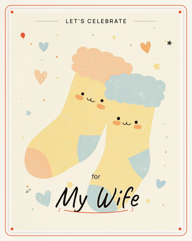 Two cheerful yellow socks with fuzzy peach and blue cuffs lean together on a cream background, each wearing a smiling, blushing face, a party e-card design