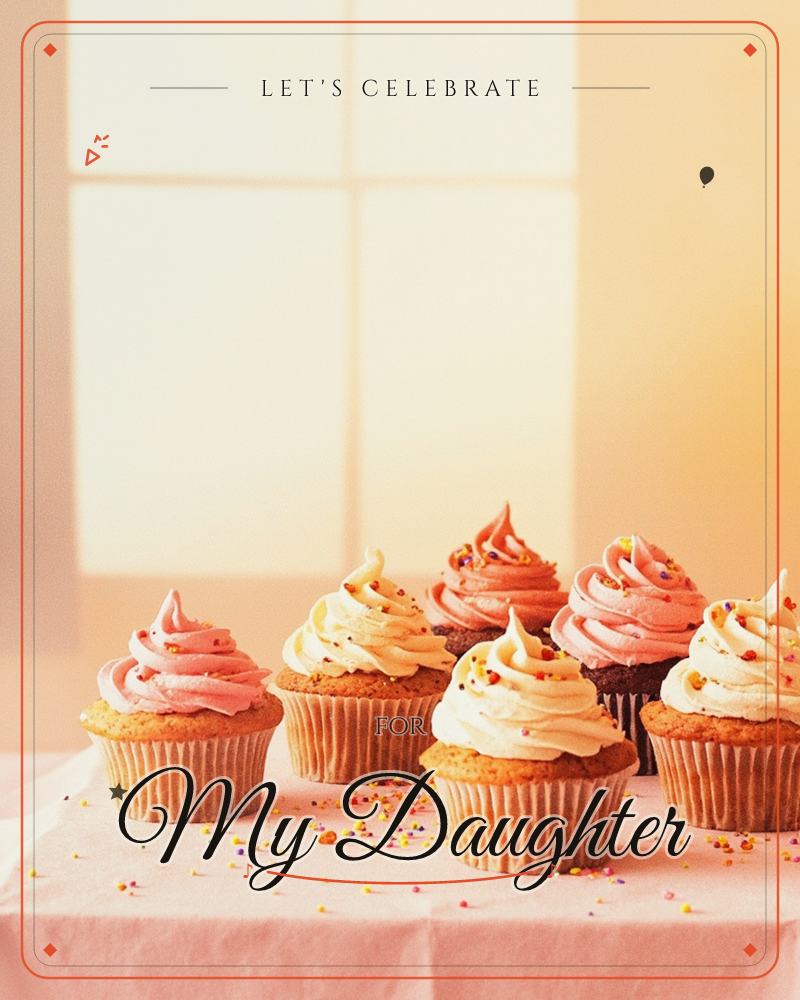 A cluster of cupcakes with swirled pink and cream frosting sits on a pale pink cloth, scattered with colourful sprinkles, in front of a sunlit window…, a party e-card design