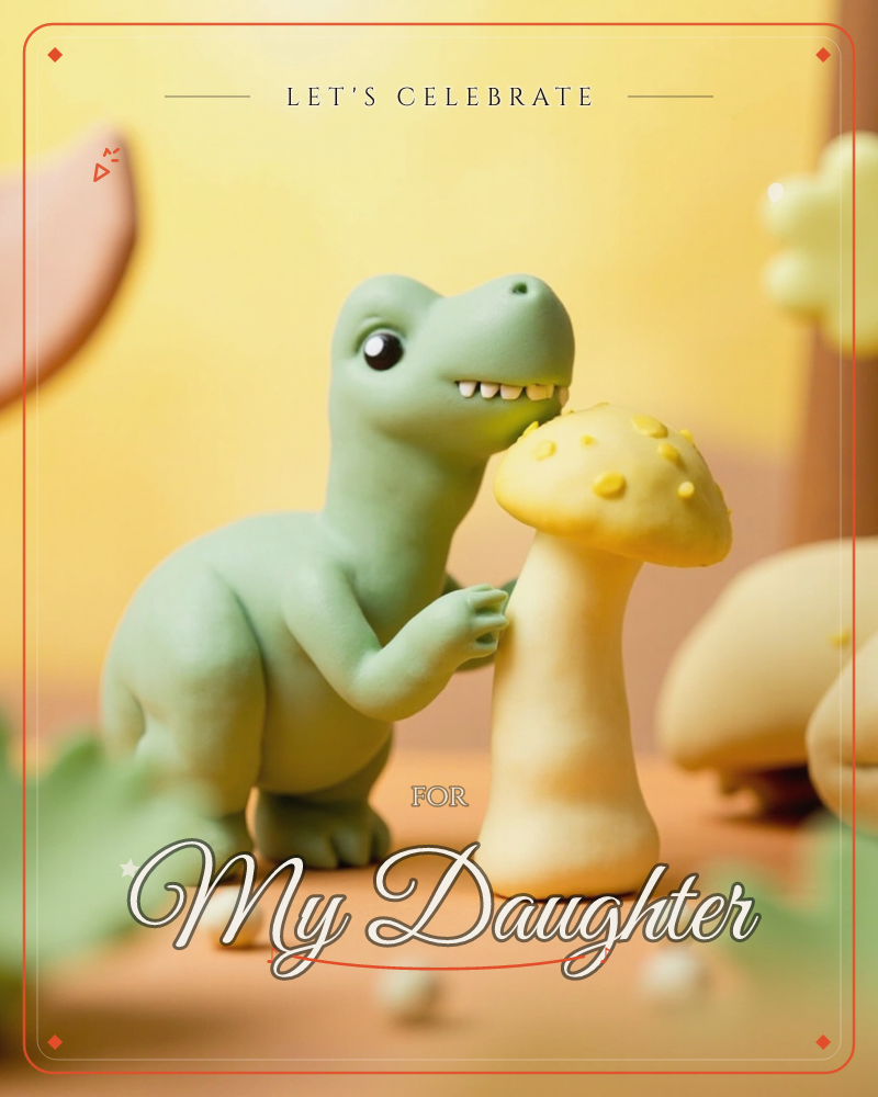 A small green claymation-style dinosaur nibbles curiously at a tall yellow-spotted mushroom, standing on a warm peach-toned surface, a party e-card design