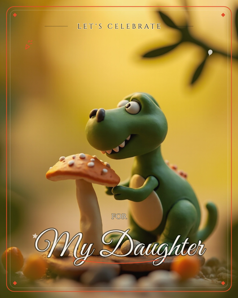 A claymation-style green dinosaur crouches beside a speckled orange toadstool, peering at it with a curious grin, a party e-card design
