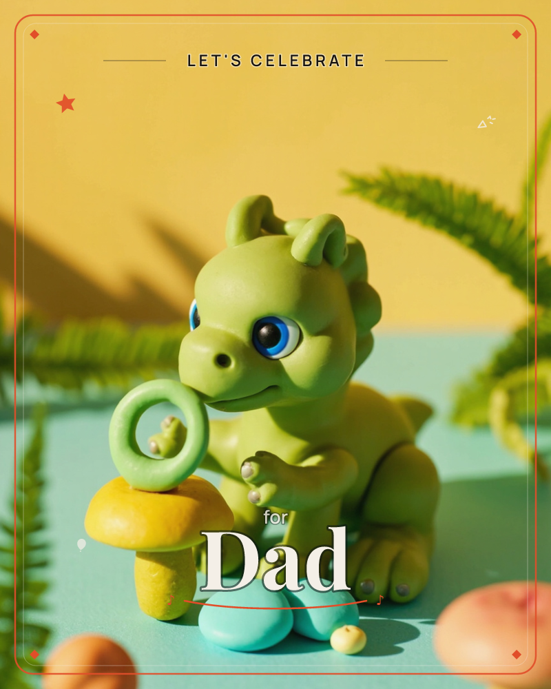 A small green clay dinosaur figure with big blue eyes stands beside a tiny yellow mushroom topped with a ring, resting on a pale mint surface against a…, a party e-card design