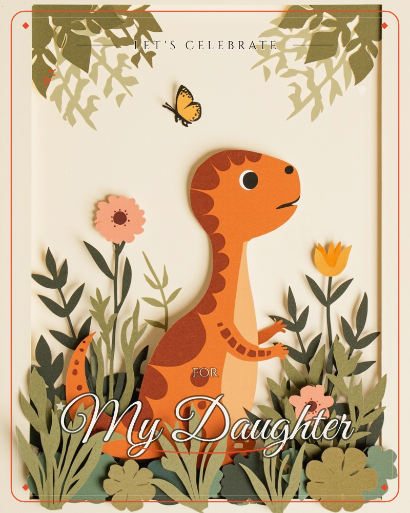 A cheerful orange dinosaur stands amid layered paper foliage, gazing up at a small yellow butterfly fluttering overhead, a party e-card design
